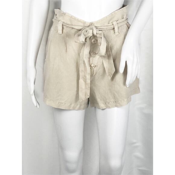 YF&B Tan Linen Front Pleat Button Waist Tie Shorts Size Small NWT - Picture 2 of 8